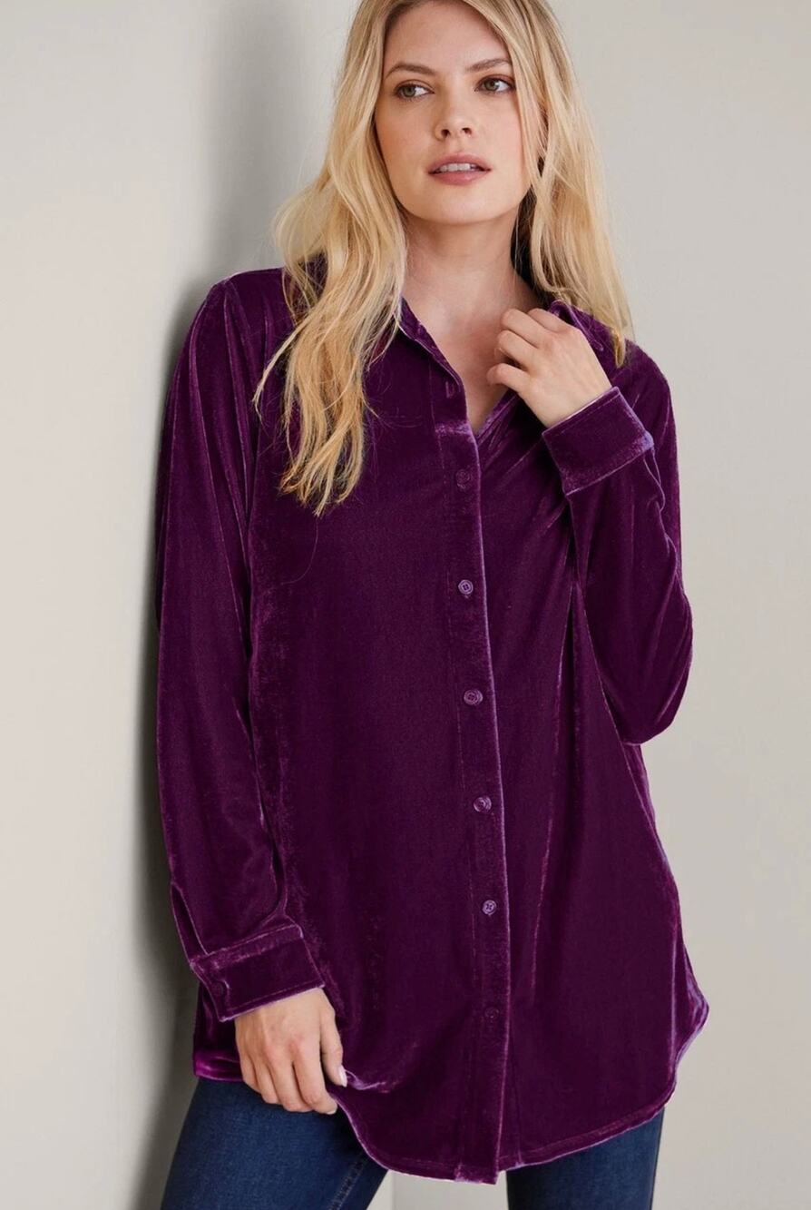 Soft Surroundings Womens Plum Purple Velvet Button Up Shirt XL Petite Preowned